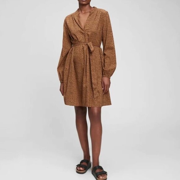 Gap XL NWT Leopard Animal Print Belted Long Sleeve Dress Brown Pockets - Picture 10 of 10